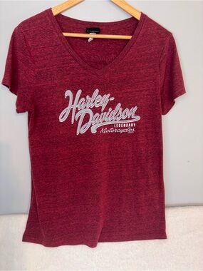 Y2K Bikercore Harley-Davidson Women's Maroon V-Neck Logo Tee Size Medium